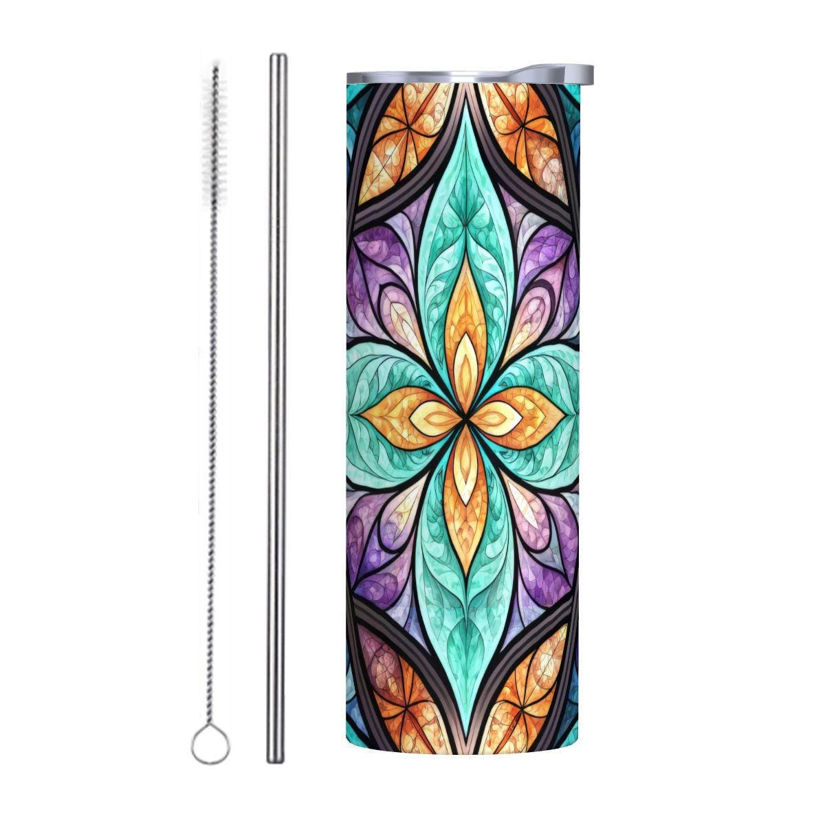 ColorFlow | Coastal Prism Mandala 20oz Skinny Stainless Steel Tumbler with Straw | Teal Purple Geometric Bloom