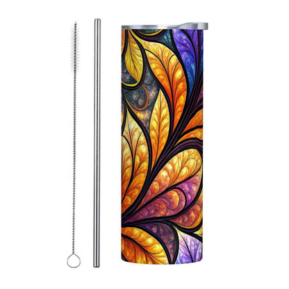 ColorFlow | Ember Glow Botanical Swirl 20oz Skinny Stainless Steel Tumbler with Straw | Vibrant Abstract Leaf Art