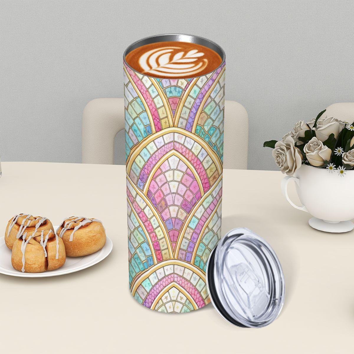 ColorFlow | Pastel Art Deco Arches 20oz Skinny Stainless Steel Tumbler with Straw | Elegant Rainbow Fan Design