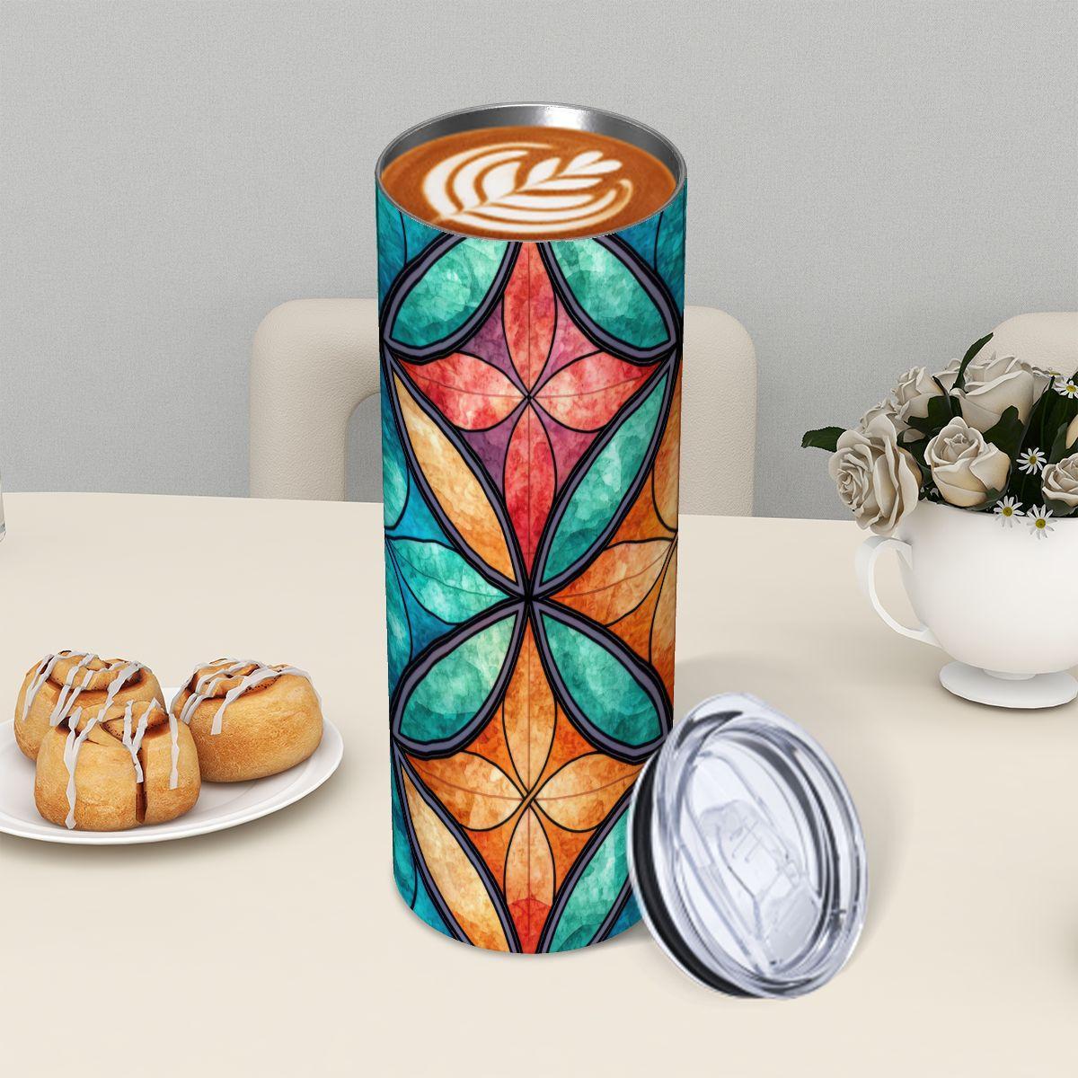ColorFlow | Serene Feather Flow 20oz Skinny Stainless Steel Tumbler with Straw | Blue Gold Abstract Leaf Design