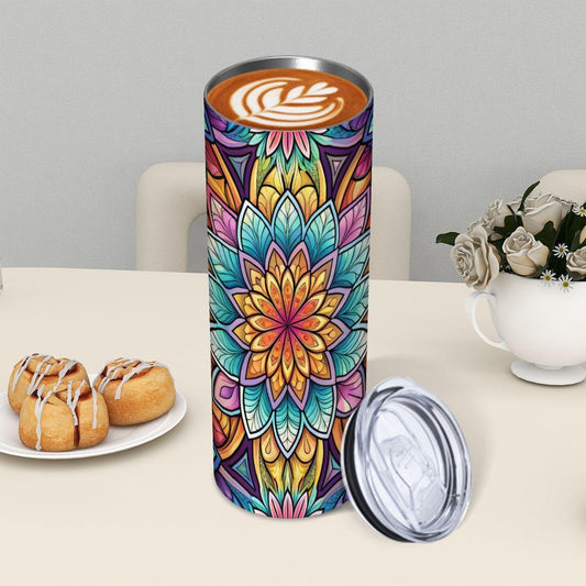 ColorFlow | Radiant Mandala Bloom 20oz Skinny Stainless Steel Tumbler with Straw | Vibrant Sacred Geometry Cup