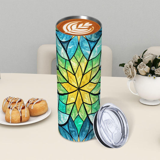 ColorFlow | Sunburst Lotus Glass 20oz Skinny Stainless Steel Tumbler with Straw | Blue Green Stained Glass Mandala