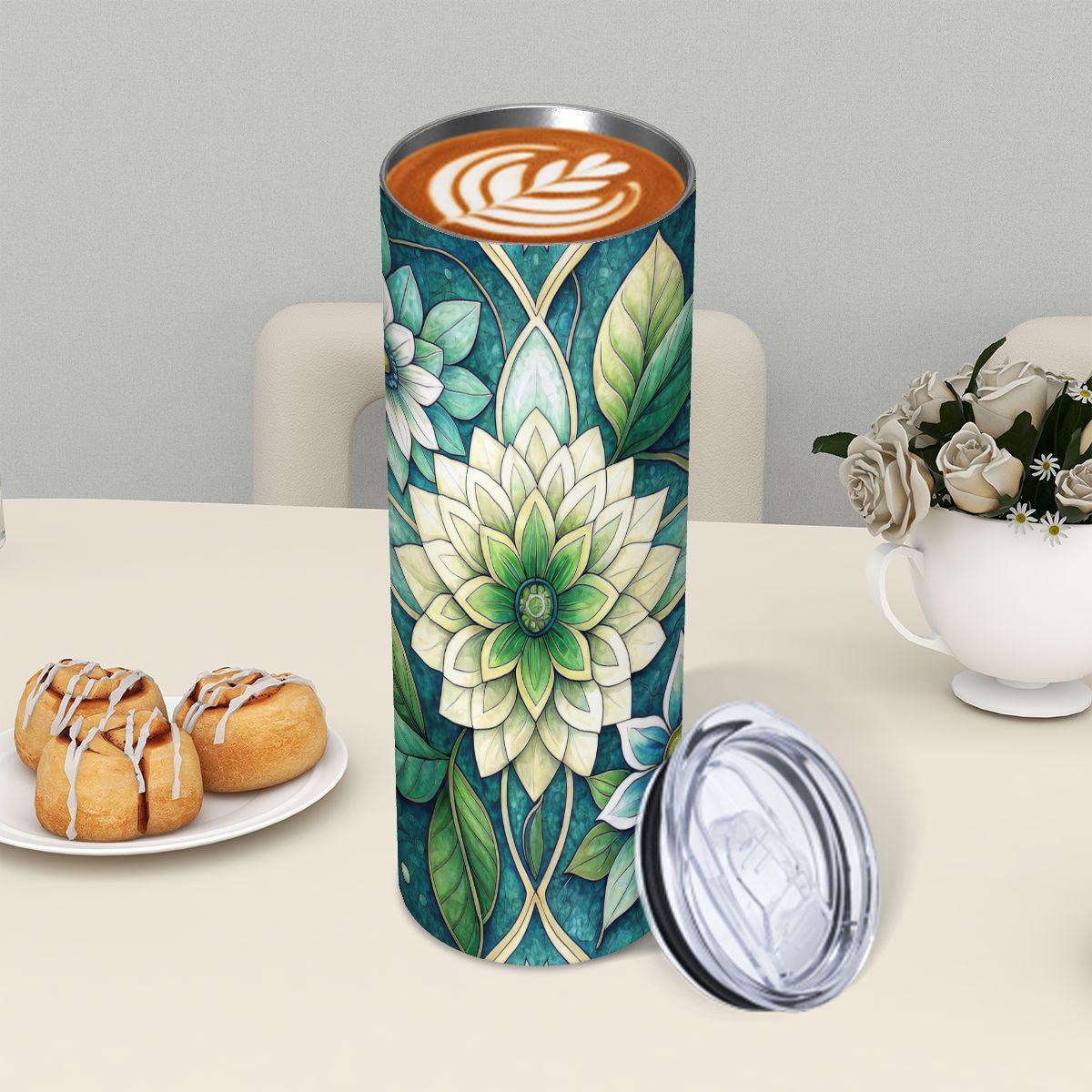 ColorFlow | Tranquil Sage Blossom 20oz Skinny Stainless Steel Tumbler with Straw | Soft Green Botanical Art