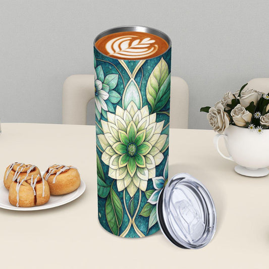 ColorFlow | Tranquil Sage Blossom 20oz Skinny Stainless Steel Tumbler with Straw | Soft Green Botanical Art