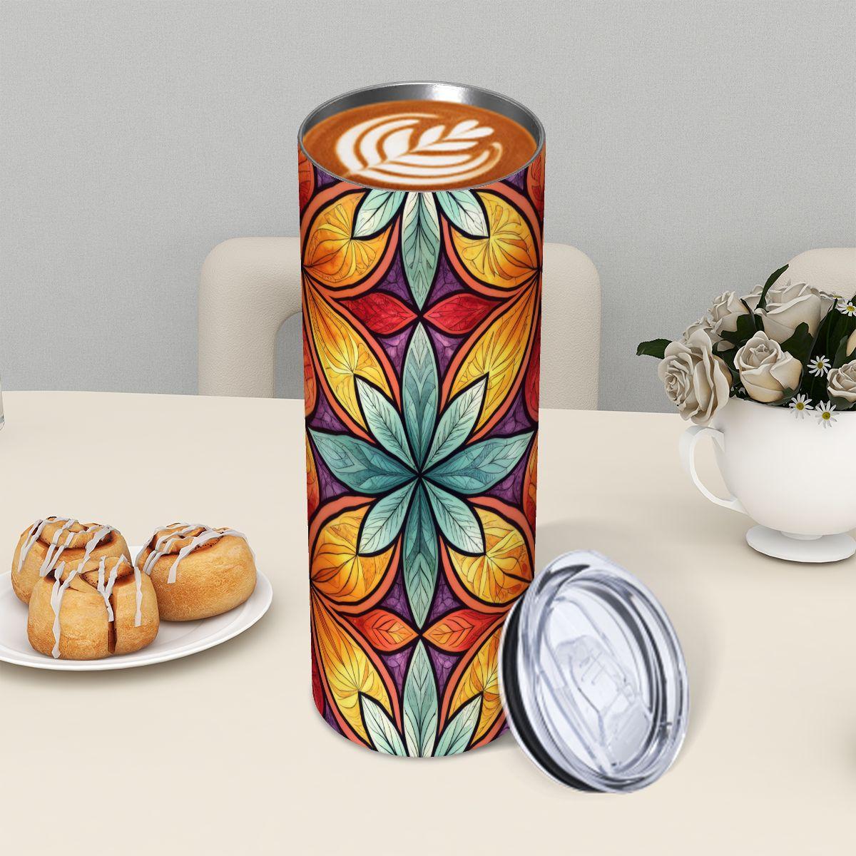 ColorFlow | Sunset Petal Mosaic 20oz Skinny Stainless Steel Tumbler with Straw | Warm Floral Geometric Pattern