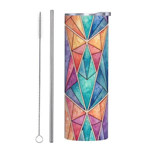 ColorFlow | Prism Mosaic 20oz Skinny Stainless Steel Tumbler with Straw | Colorful Geometric Art Travel Cup