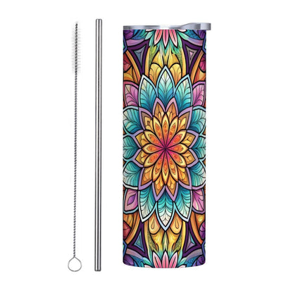 ColorFlow | Radiant Mandala Bloom 20oz Skinny Stainless Steel Tumbler with Straw | Vibrant Sacred Geometry Cup