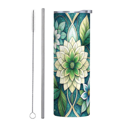 ColorFlow | Tranquil Sage Blossom 20oz Skinny Stainless Steel Tumbler with Straw | Soft Green Botanical Art