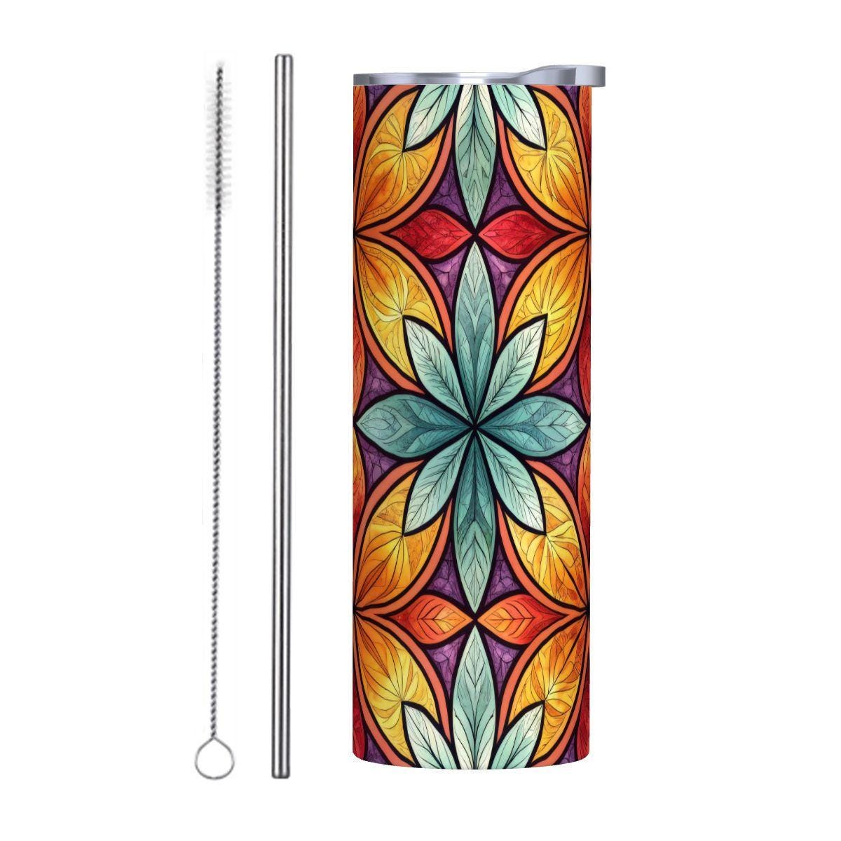 ColorFlow | Sunset Petal Mosaic 20oz Skinny Stainless Steel Tumbler with Straw | Warm Floral Geometric Pattern