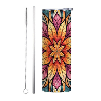 ColorFlow | Radiant Lotus Starburst 20oz Skinny Stainless Steel Tumbler with Straw | Bold Mandala Floral Art