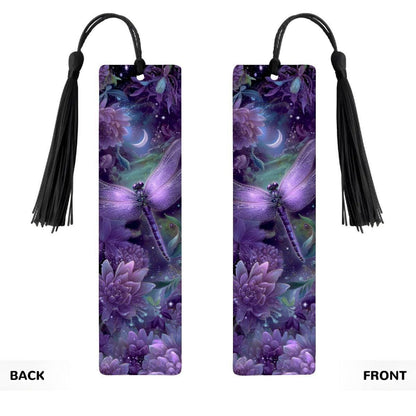 ColorFlow | Celestial Dragonfly | Double Sided Metal Bookmark Purple Fantasy Floral Art Moonlit Garden | Optional Personalization