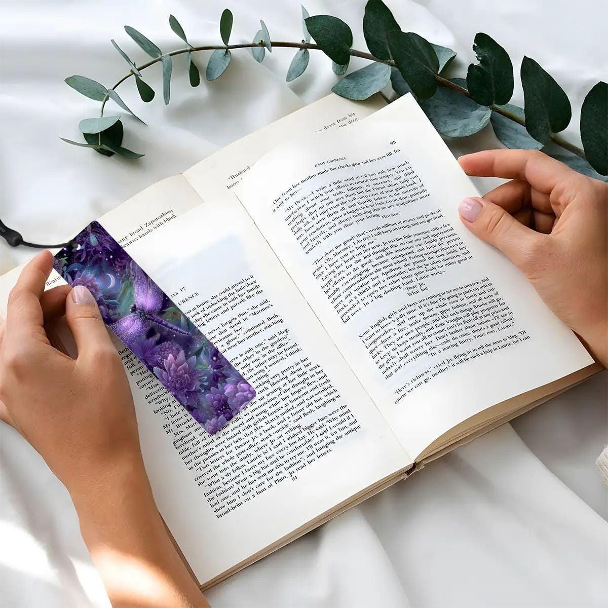 ColorFlow | Celestial Dragonfly | Double Sided Metal Bookmark Purple Fantasy Floral Art Moonlit Garden | Optional Personalization