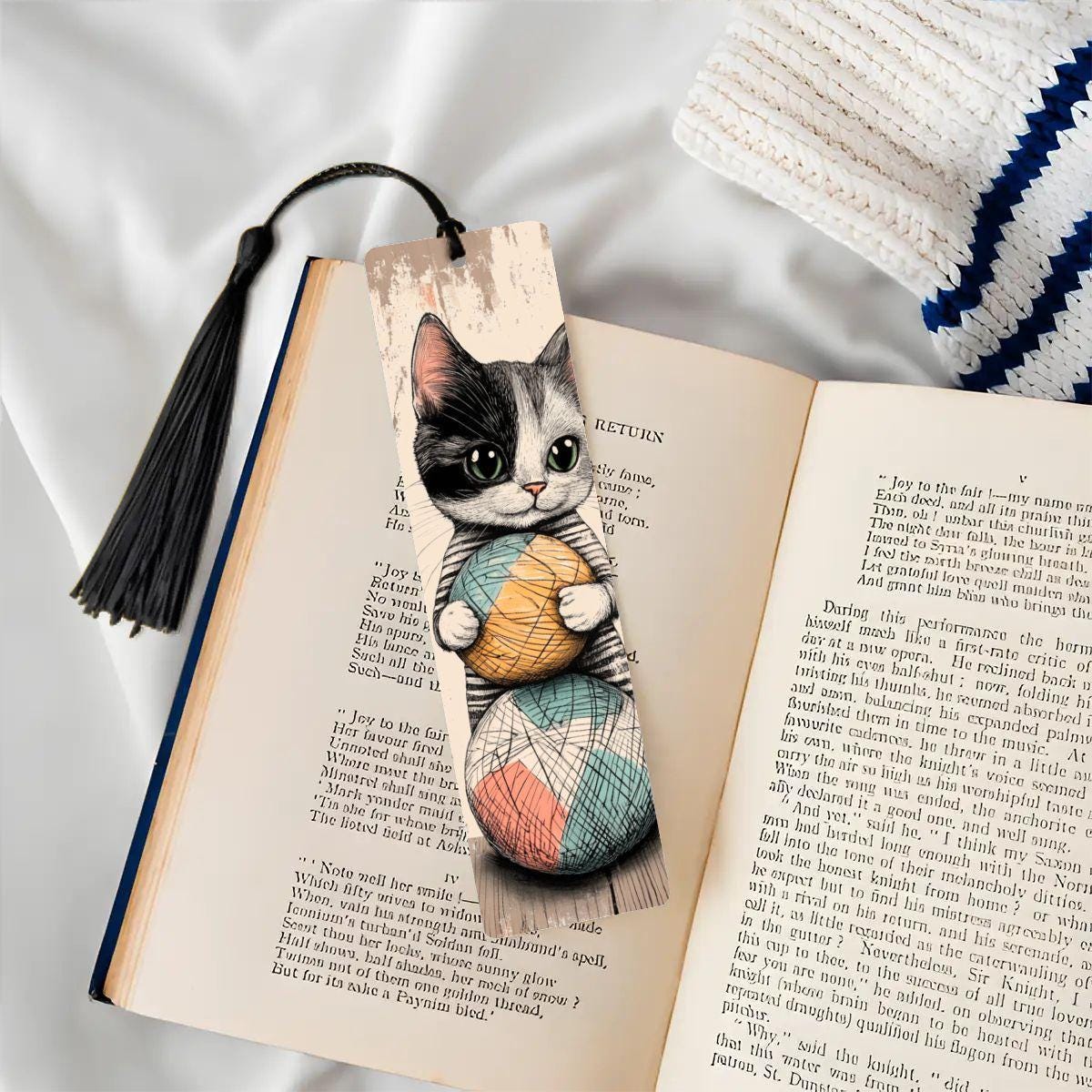 ColorFlow | Kitten Bookmark Retro Ink Style Cute Feline Illustration Soft Pastel Accents Double Sided | Optional Personalization