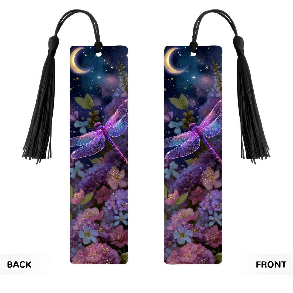 ColorFlow | Lunar Dragonfly | Double Sided Metal Bookmark | Celestial Moon and Stars Fantasy Floral Art | Optional Personalization