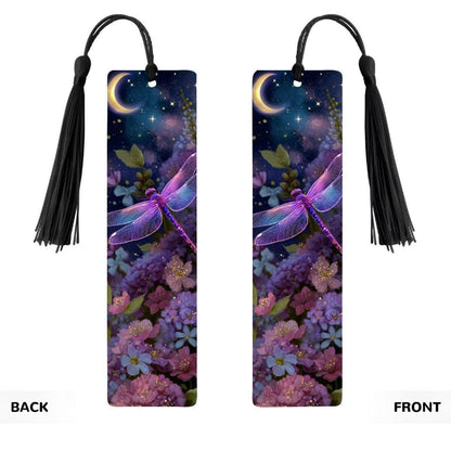 ColorFlow | Lunar Dragonfly | Double Sided Metal Bookmark | Celestial Moon and Stars Fantasy Floral Art | Optional Personalization