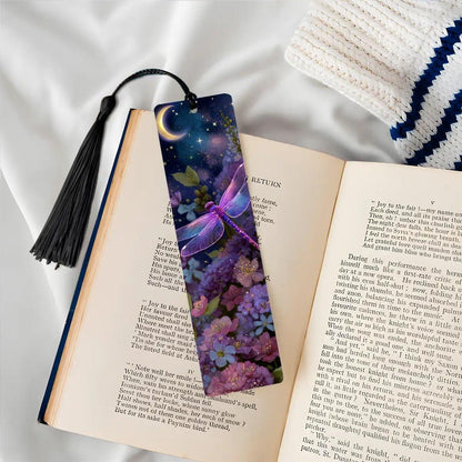 ColorFlow | Lunar Dragonfly | Double Sided Metal Bookmark | Celestial Moon and Stars Fantasy Floral Art | Optional Personalization