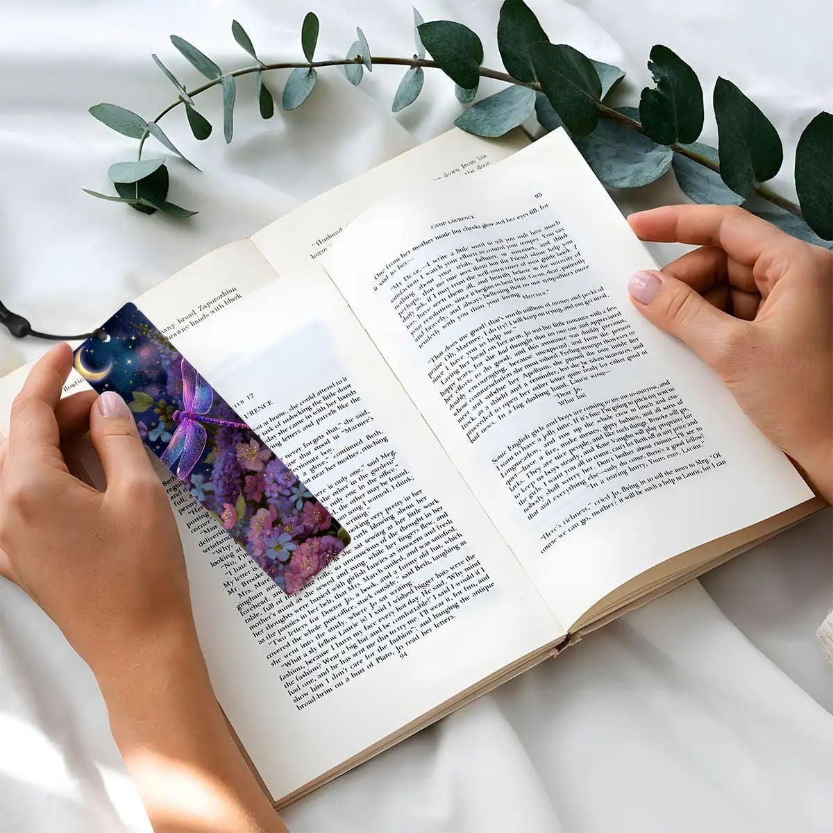 ColorFlow | Lunar Dragonfly | Double Sided Metal Bookmark | Celestial Moon and Stars Fantasy Floral Art | Optional Personalization