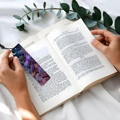 ColorFlow | Lunar Dragonfly | Double Sided Metal Bookmark | Celestial Moon and Stars Fantasy Floral Art | Optional Personalization