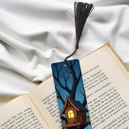 ColorFlow | Midnight Treehouse Metal Bookmark Cozy Lantern Night Fantasy Art Double Sided Aluminum Reading Gift | Optional Personalization
