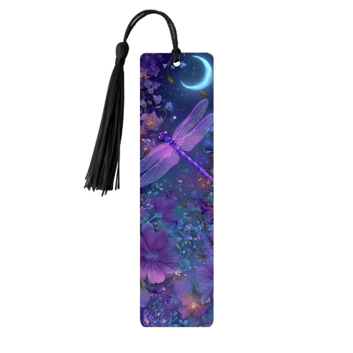 ColorFlow | Twilight Moon Dragonfly Double Sided Metal Bookmark Purple Celestial Floral Fantasy Night Garden Art  | Optional Personalization