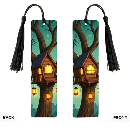 ColorFlow | Whimsical Lantern Treehouse Metal Bookmark Warm Woodland Night Fantasy Art Double Sided Reading Gift | Optional Personalization