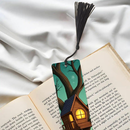 ColorFlow | Whimsical Lantern Treehouse Metal Bookmark Warm Woodland Night Fantasy Art Double Sided Reading Gift | Optional Personalization