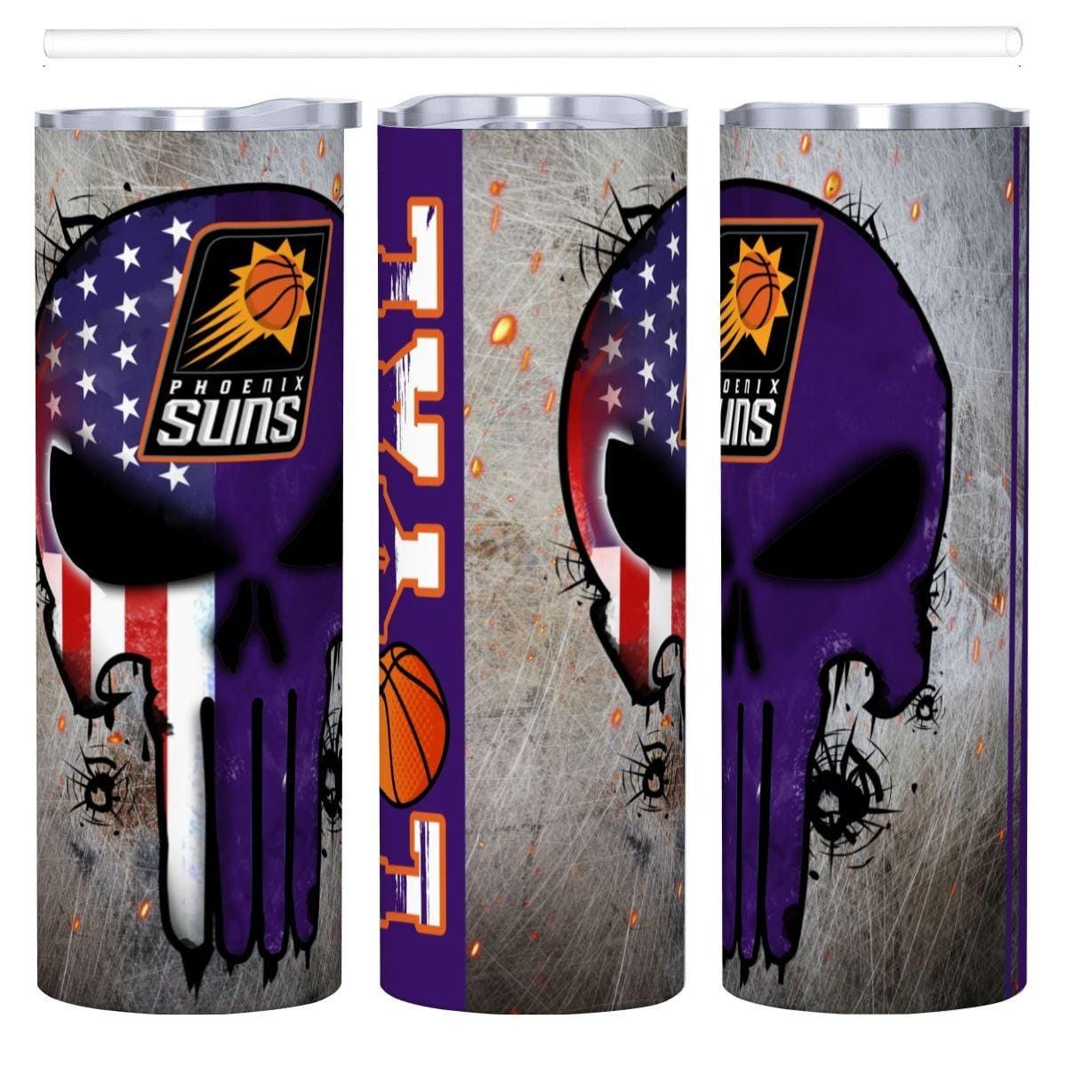 ColorFlow | Phoenix Basketball Inspired 20oz Straight Tumbler | Suns Skull American Flag Design | Personalization Optional