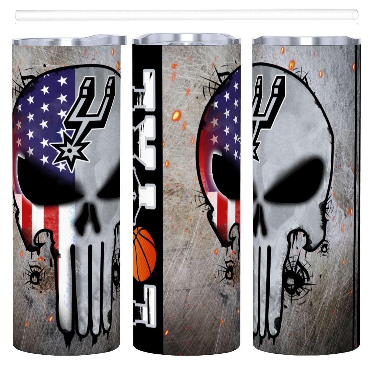 ColorFlow | San Antonio Basketball Inspired 20oz Straight Tumbler | Spurs Skull American Flag Design | Personalization Optional