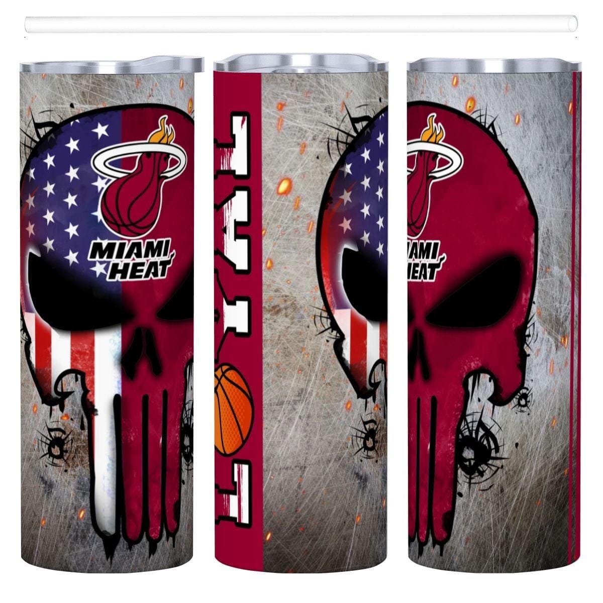 ColorFlow | Miami Basketball Inspired 20oz Straight Tumbler | Heat Skull American Flag Design | Personalization Optional