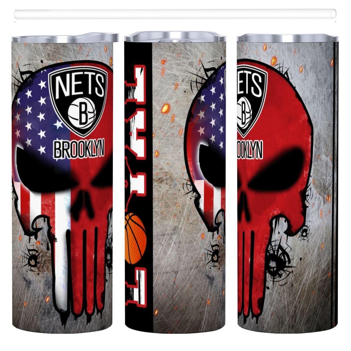 ColorFlow | Brooklyn Basketball Inspired 20oz Straight Tumbler | Nets Skull American Flag Design | Personalization Optional