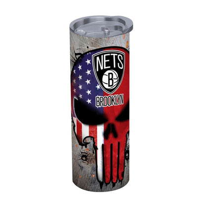 ColorFlow | Brooklyn Basketball Inspired 20oz Straight Tumbler | Nets Skull American Flag Design | Personalization Optional