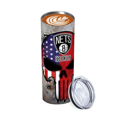 ColorFlow | Brooklyn Basketball Inspired 20oz Straight Tumbler | Nets Skull American Flag Design | Personalization Optional