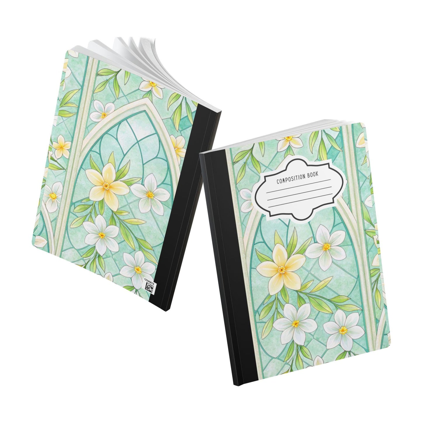 ColorFlow | Mint Blossom Composition Notebook | Light Floral Stained Glass Journal for School Work and Writing