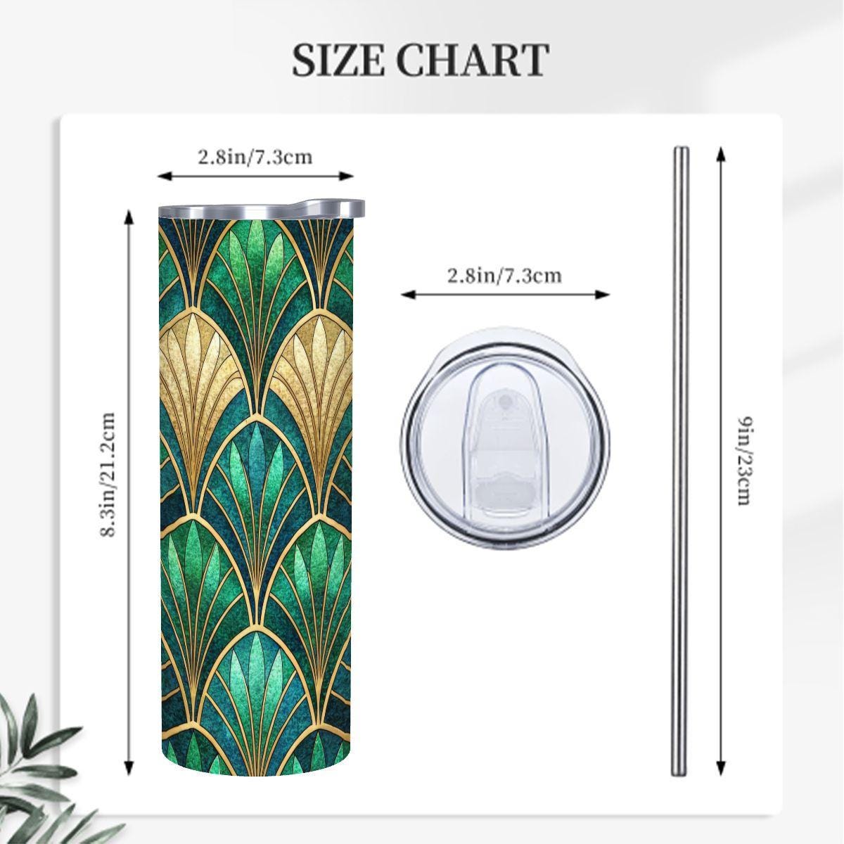 ColorFlow | Emerald Art Deco Scales 20oz Skinny Stainless Steel Tumbler with Straw | Luxe Green Pattern Cup
