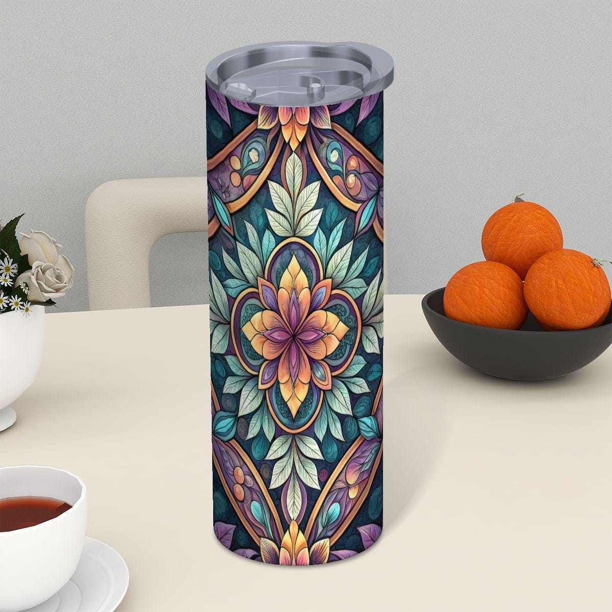 ColorFlow | Midnight Bloom Mandala 20oz Skinny Stainless Steel Tumbler with Straw | Elegant Floral Mosaic Art