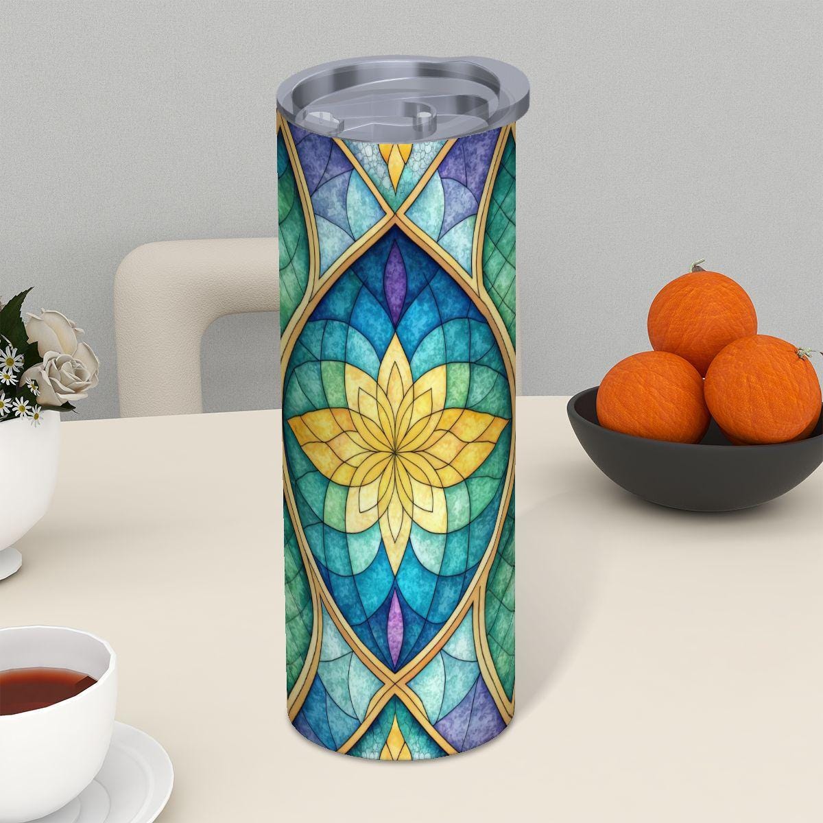 ColorFlow | Golden Petal Stained Glass 20oz Skinny Stainless Steel Tumbler with Straw | Geometric Floral Design