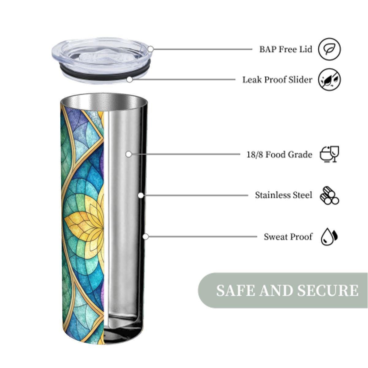 ColorFlow | Golden Petal Stained Glass 20oz Skinny Stainless Steel Tumbler with Straw | Geometric Floral Design