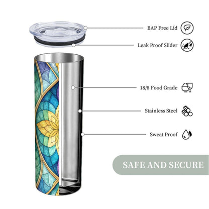 ColorFlow | Golden Petal Stained Glass 20oz Skinny Stainless Steel Tumbler with Straw | Geometric Floral Design