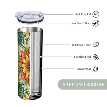 ColorFlow | Sunburst Garden Mandala 20oz Skinny Stainless Steel Tumbler with Straw | Vibrant Floral Geometry Art