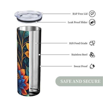 ColorFlow | Midnight Lotus Bloom 20oz Skinny Stainless Steel Tumbler with Straw | Bold Botanical Floral Design