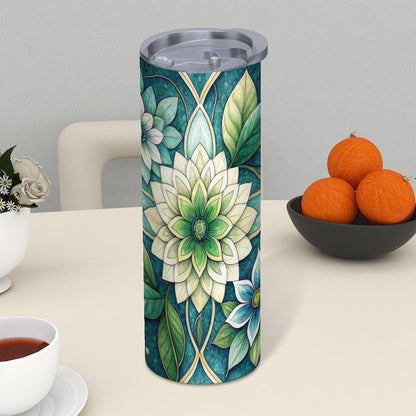 ColorFlow | Tranquil Sage Blossom 20oz Skinny Stainless Steel Tumbler with Straw | Soft Green Botanical Art