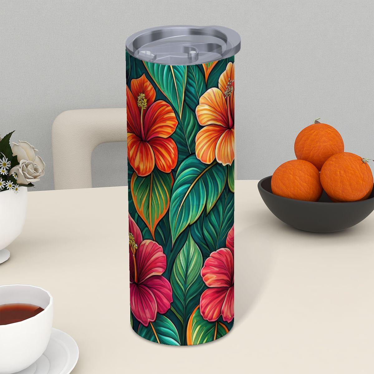 ColorFlow | Tropical Hibiscus Garden 20oz Skinny Stainless Steel Tumbler with Straw | Bold Island Floral Art