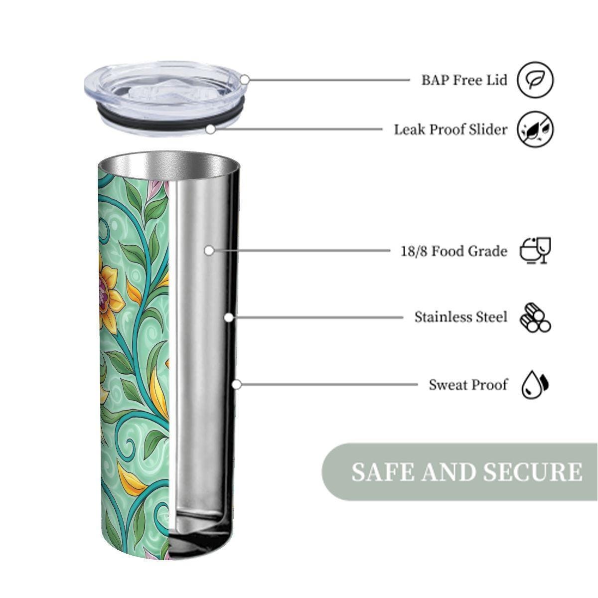 ColorFlow | Mint Vine Florals 20oz Skinny Stainless Steel Tumbler with Straw | Whimsical Spring Botanical Design
