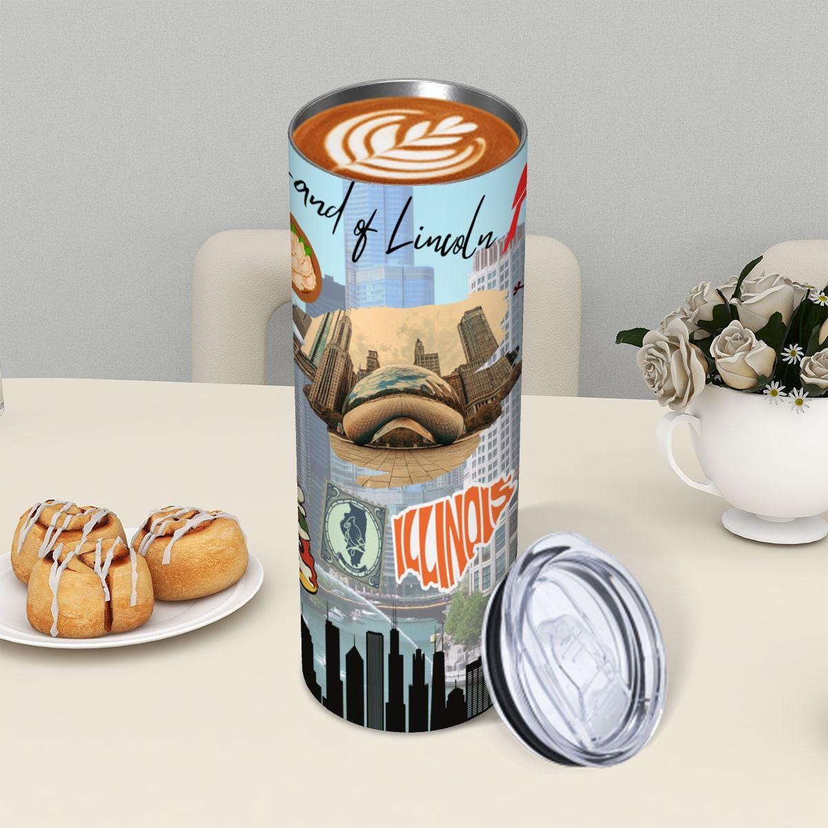 ColorFlow | Illinois Skinny Tumbler | State Pride License Plate Collage | Landmark Travel Design | 20oz Stainless Steel Cup