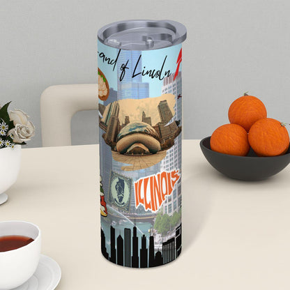 ColorFlow | Illinois Skinny Tumbler | State Pride License Plate Collage | Landmark Travel Design | 20oz Stainless Steel Cup