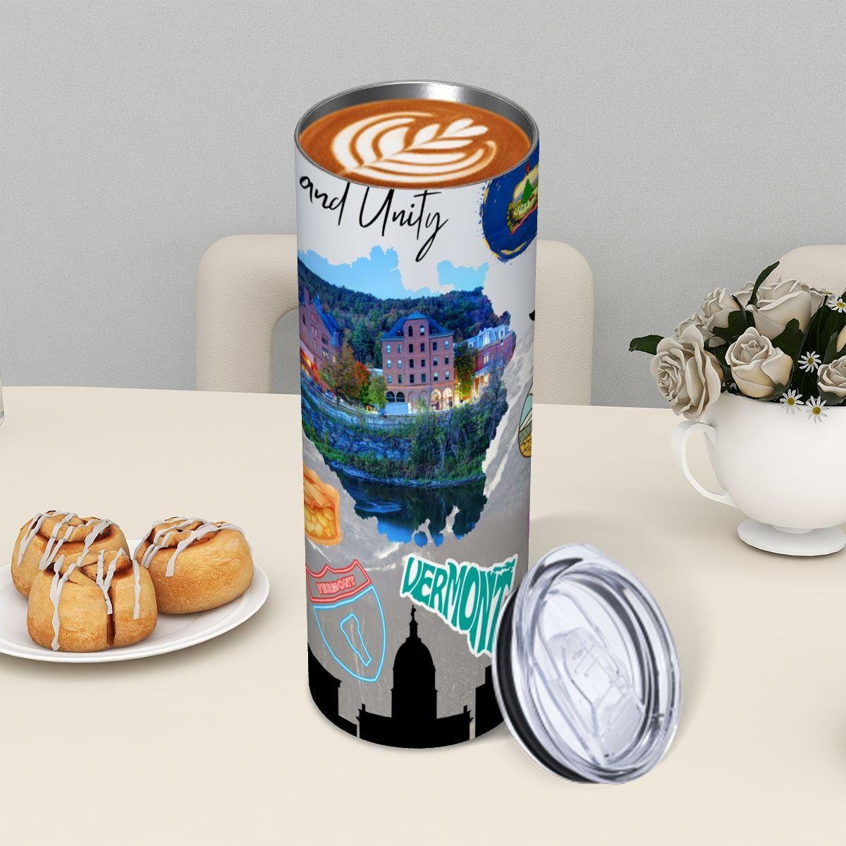 ColorFlow | Vermont Skinny Tumbler | State Pride License Plate Collage | Landmark Travel Design | 20oz Stainless Steel Cup