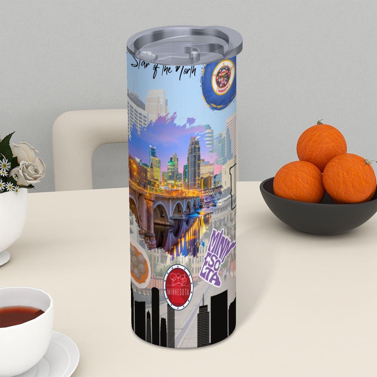 ColorFlow | Minnesota State Pride Tumbler | Star of the North City Skyline Art | 20oz Skinny Stainless Steel With Straw