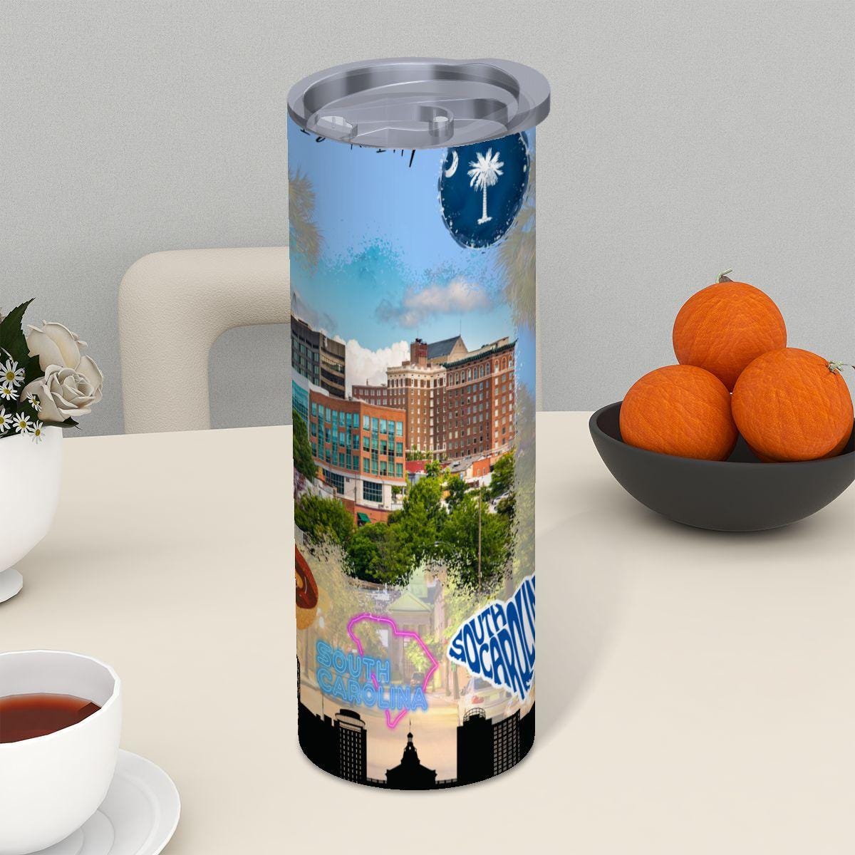 ColorFlow | South Carolina Skinny Tumbler | State Pride License Plate Collage | Landmark Travel Design | 20oz Stainless Steel Cup