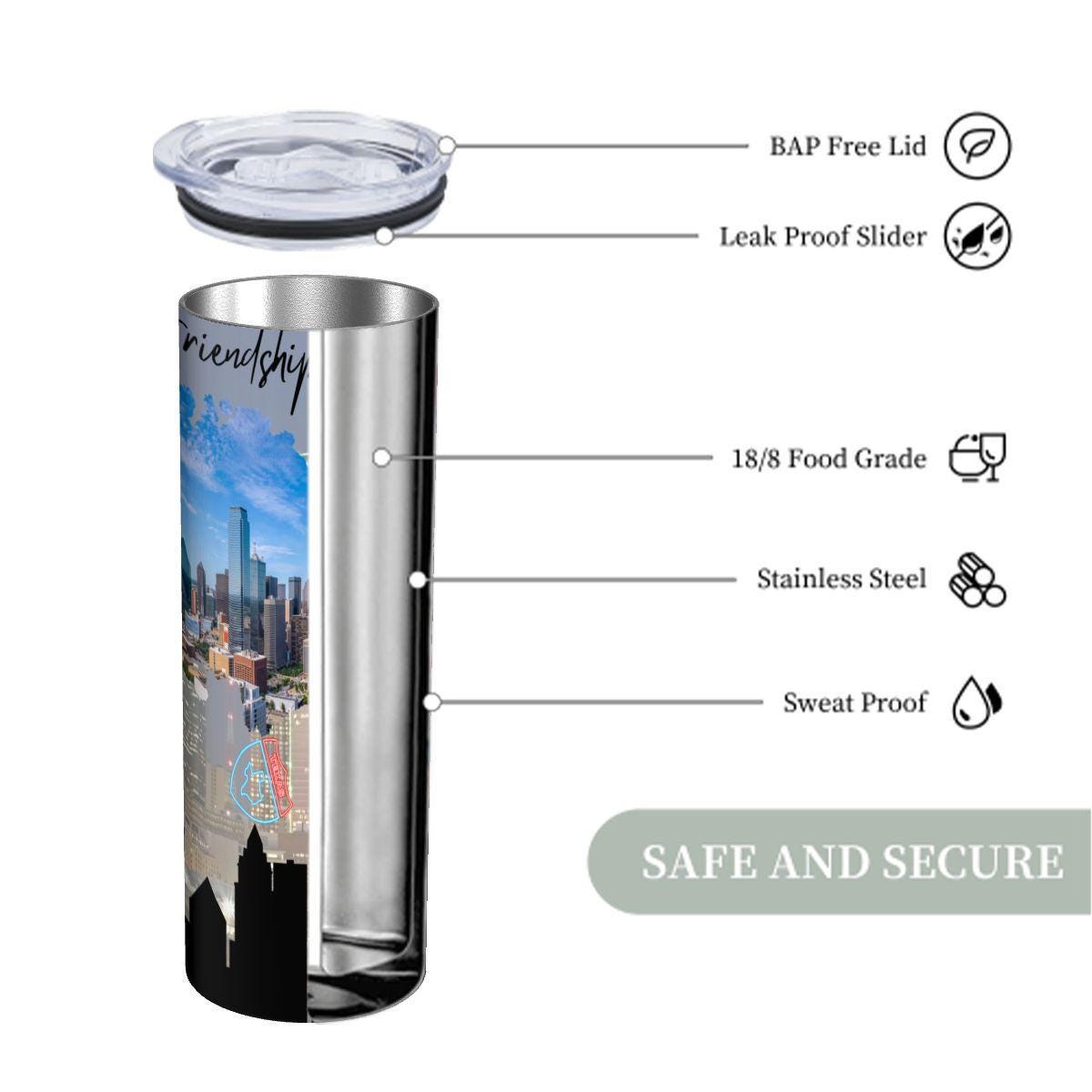 ColorFlow | Texas State Pride Tumbler | Friendship Skyline Collage Design | 20oz Skinny Stainless Steel With Straw