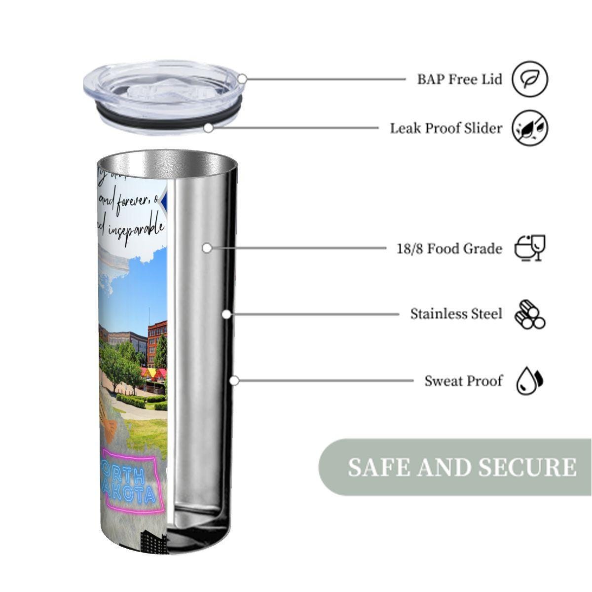 ColorFlow | North Dakota Whimsical State Map 20oz Skinny Tumbler | Cute Landmark Illustration Midwest Pride